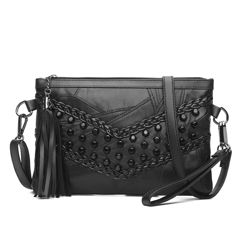 New Women Tassel Messenger Bags Genuine Leather Rivet Handbag Ladies Satchel Crossbody Shoulder ...