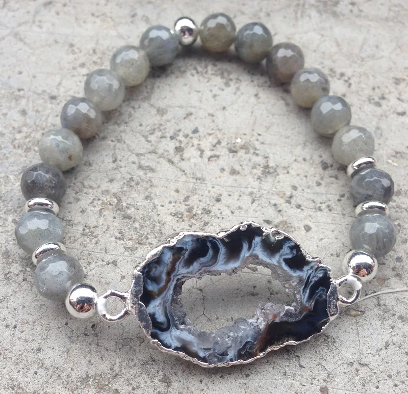 

YA2275 Natural Geode Agat Agat Druzy Labradorite Beads Elastic Rope Bracelet 6.5inch long 8mm