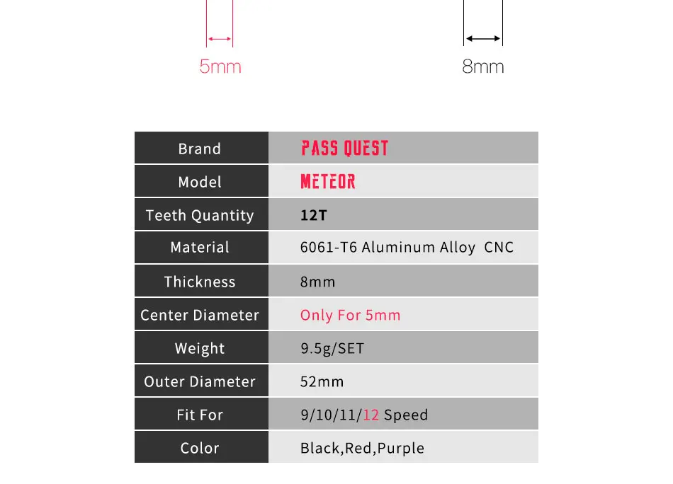 Пройти QUEST Метеор алюминиевый сплав узкий/широкий переключатель передач 12T 5 мм Диаметр центра