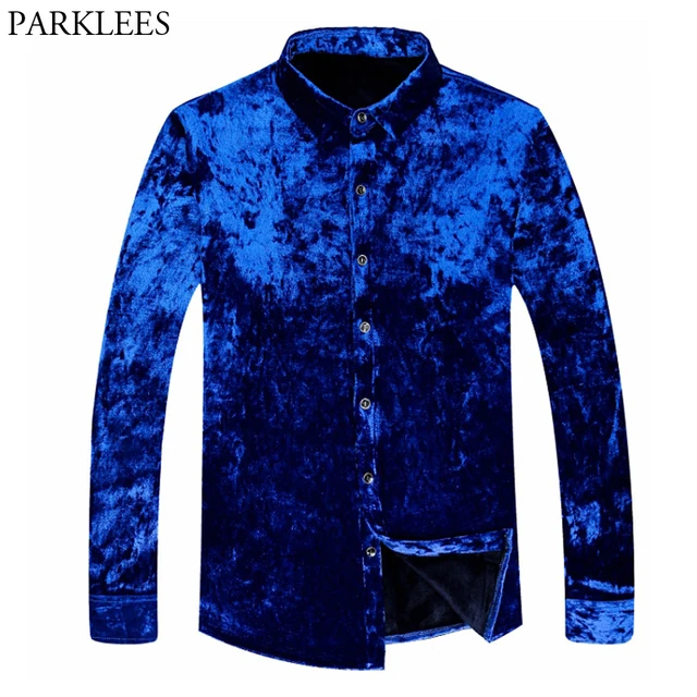 Trend Royal Blue Velvet Shirt Men 2018 Winter New Slim Fit Flecce Lined