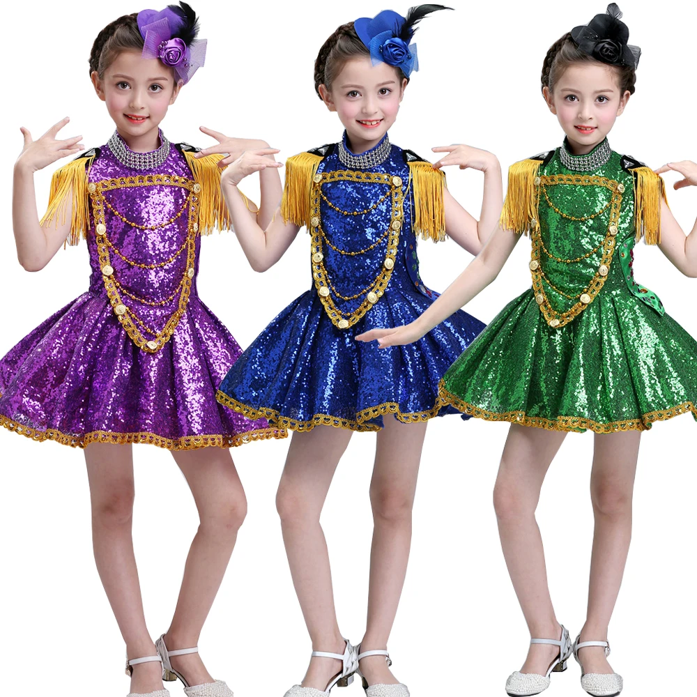 Фиолетовый Синий Красный Дети расшитые блестками бальные современные Джаз танцевальная одежда платье костюмы девушки представление вечерние сценические Танцы платье наряды