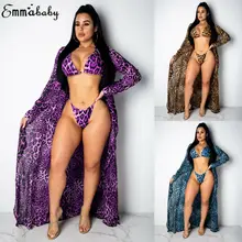 3pcs Women Purple Leopard Print Bikini Set Swimwear Long Sleeve Kimono Cover Up Cardigan Beach Bathing Dress Swimsuit Sets