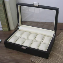 10-отделения, из дерева структура Искусственная кожа коробка для хранения часов витринный шкаф с шкатулка для драгоценностей прозрачная стеклянная крышка Черный 2149