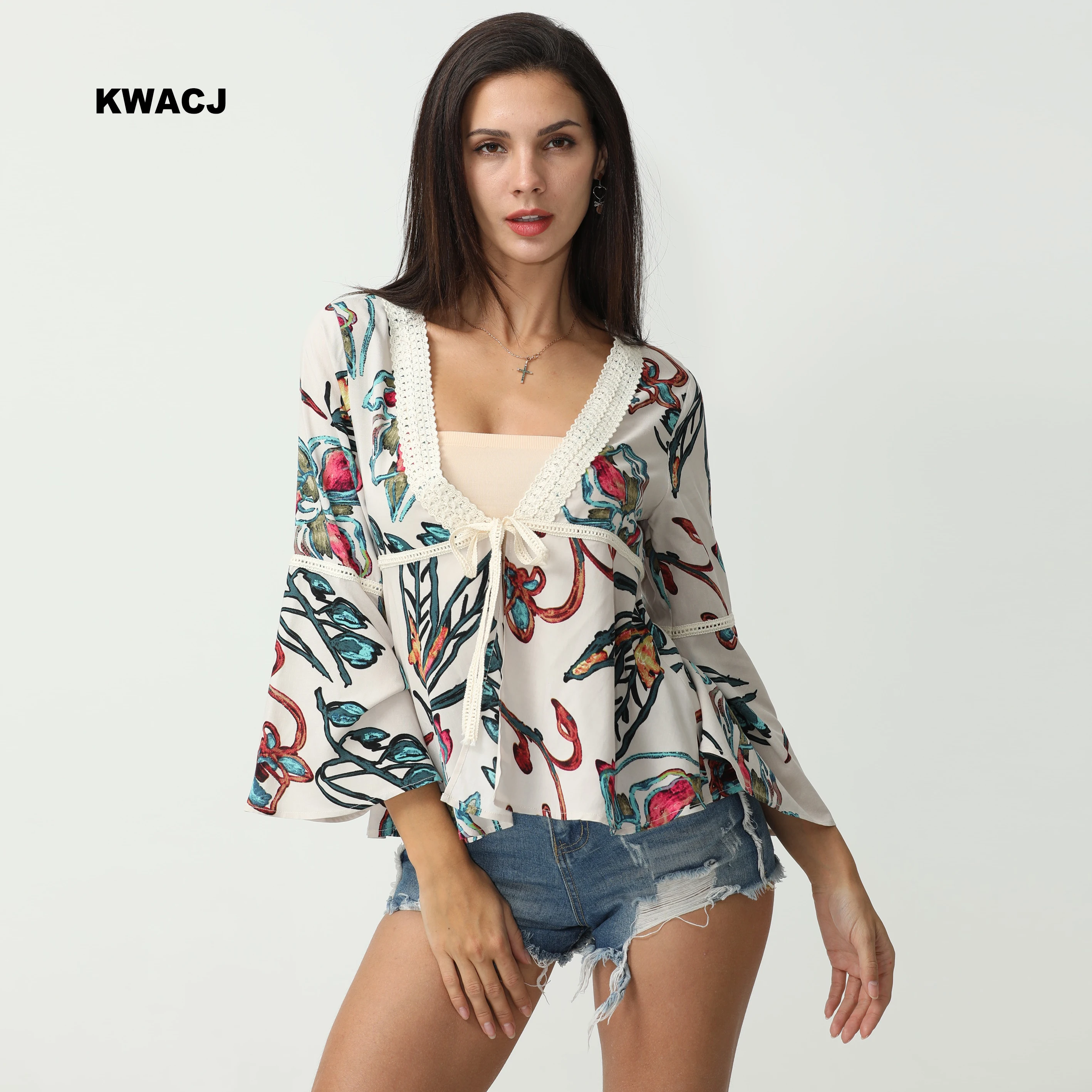 

KWACJ Floral Print Kimono Summer Autumn 2019 Self-Tie Open Front Cardigans Casual Flare Sleeve Beach Boho Elegant Women Blouses