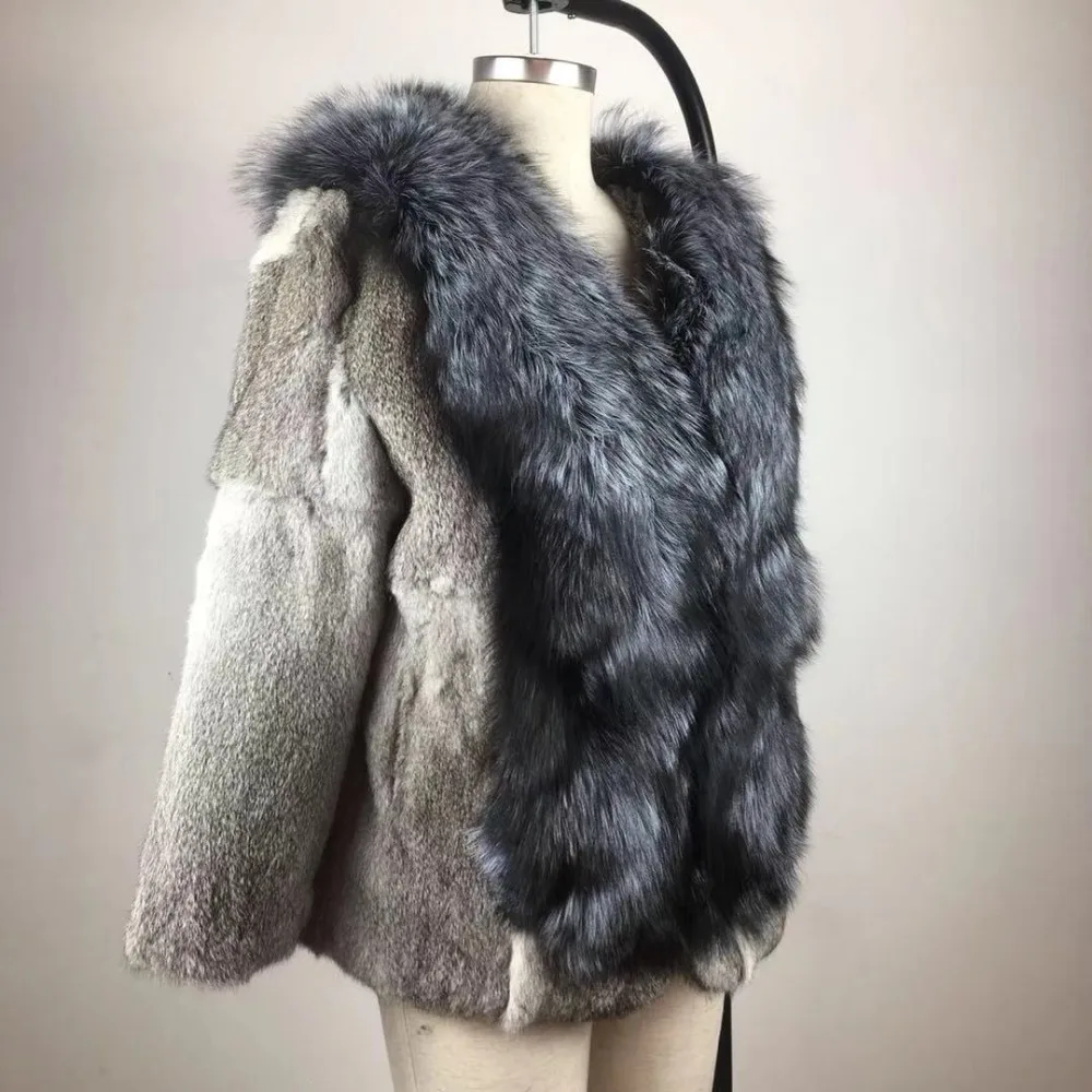 Роскошное натуральное пальто из натурального кроличьего меха с большим воротником из меха серебристой лисы, теплые меховые куртки, пальто из натурального меха