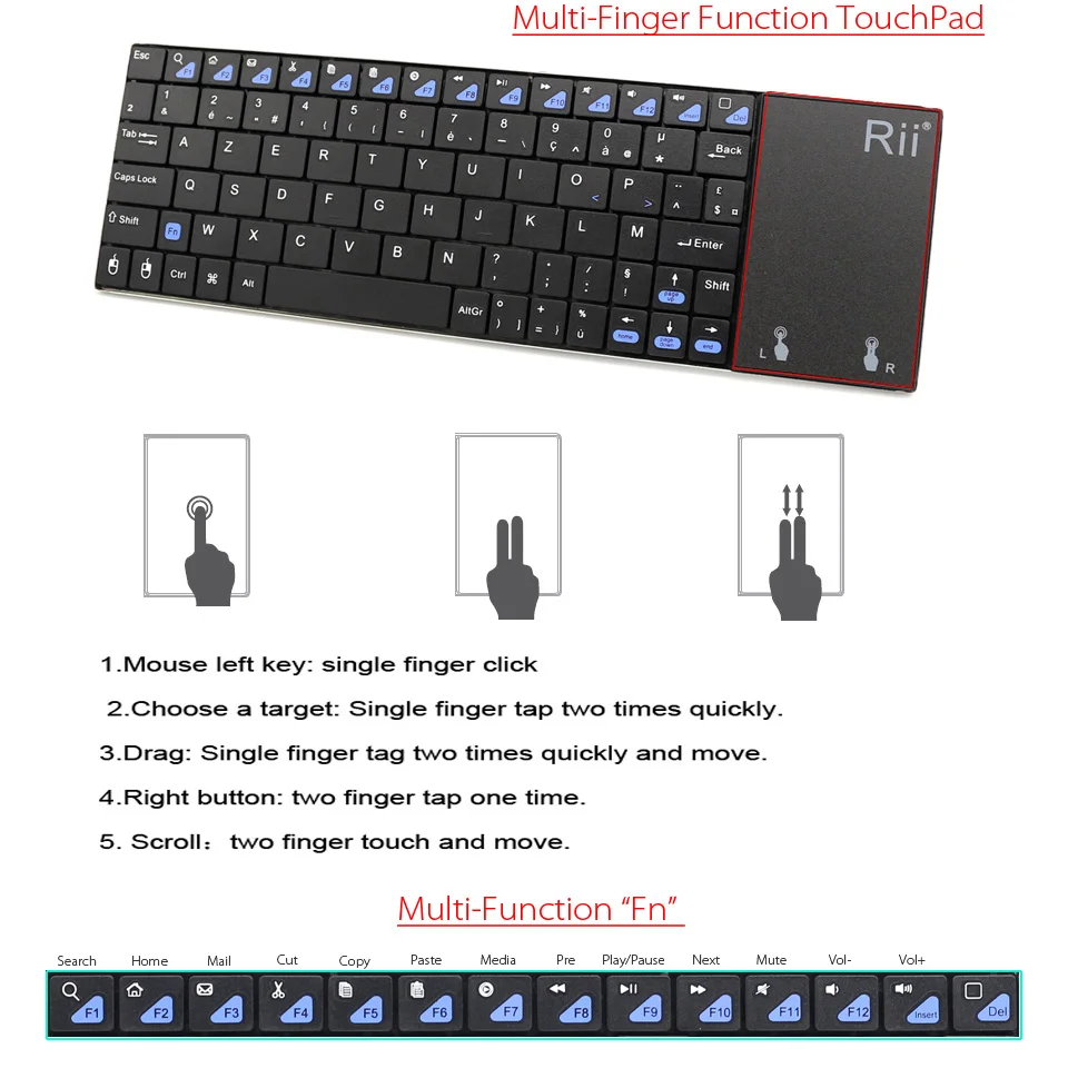 Rii i12 Французская клавиатура 2,4 ГГц мини беспроводная клавиатура с многофункциональной сенсорной панелью мышь для ПК/ноутбука