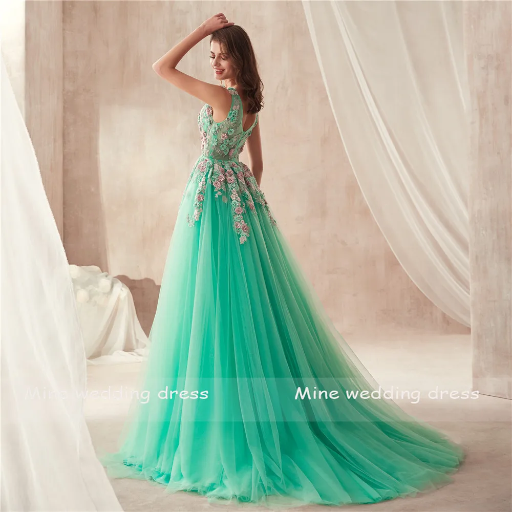 New Arrival V-neck Multi Color Lace Applique Mint Tulle Prom Gowns See  Through Sexy High Quality Evening Dresses - AliExpress