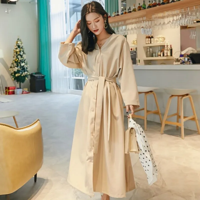 Billig LANMREM 2019 Frühling Herbst Hohe Taille V ausschnitt Kragen Langarm Gürtel Frauen Kleid Fashion Solid Farbe Overknee Kleidung TB039