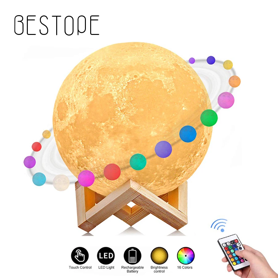 

Creative 3 D Printed Full Moon LED Night Light with remote 16 colors usb rechargeable table desk lamp office bedside birthday
