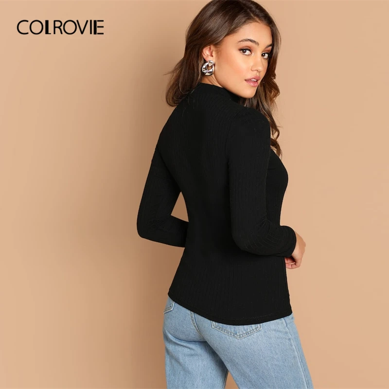  COLROVIE Black Solid Cut Out Choker Neck Sexy Knit T-Shirt Women 2019 Spring Fashion Elegant Long S