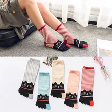 VERIDICAL 5 пар/лот хлопок 5 палец Носки для женщин с изображением котенка для девочек; полосатые носки с пальцами, Носки милые короткие носки в стиле Харадзюку Носки 2 размера