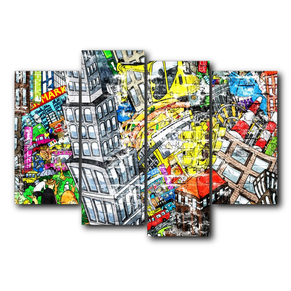 

4 Panel Canvas Painting Graffiti Modern City Posters and Prints Wall Art Home Living Room Bathroom Wedding Decoration No Frame