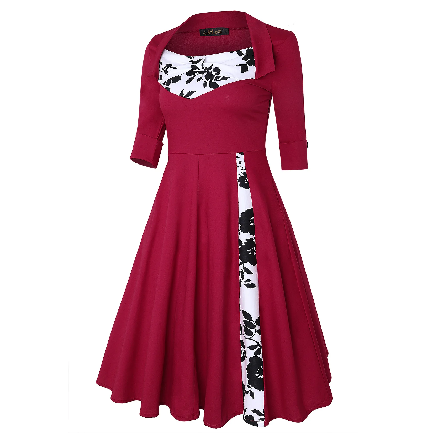 

Wipalo Plus Size 4XL Floral Print Patchwork Women Dress Vintage V Neck Three Quarter Sleeve Knee Length A Line Dress Vestidos