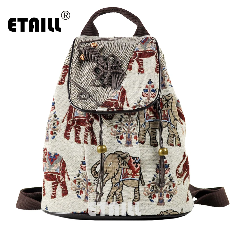 

ETAILL Elephant Embroidered India Thai Style Drawstring Backpack Travel Leisure Laptop Ethnic Style Female Canvas Backpacks