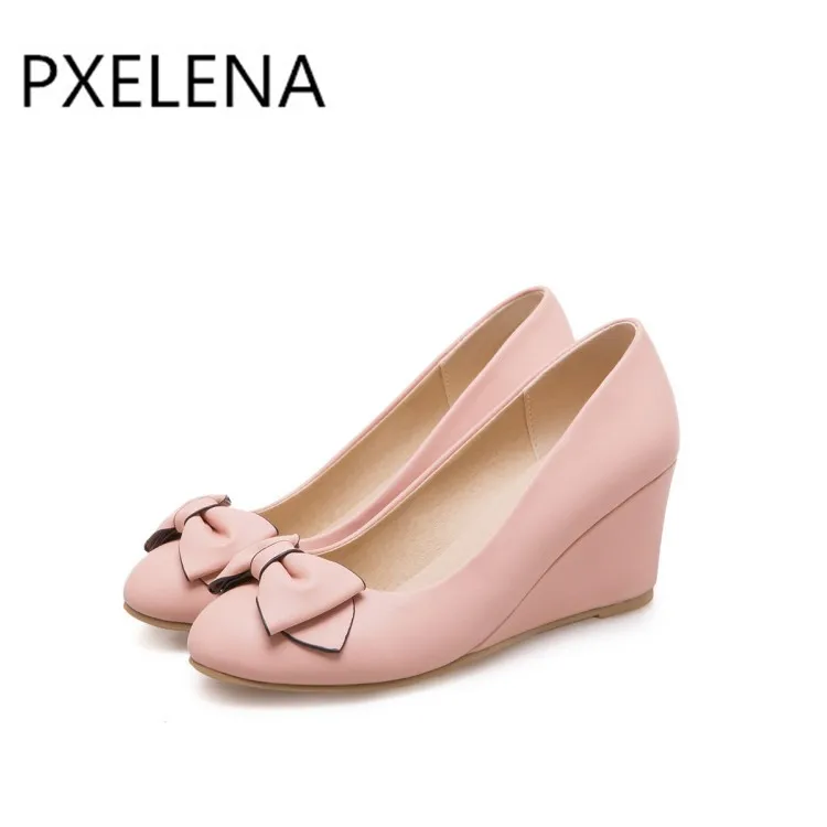 PXELENA Butterfly knot Wedge High Heels Womens Pumps Slip On Fashion Heels Ladies Shoes 2018 