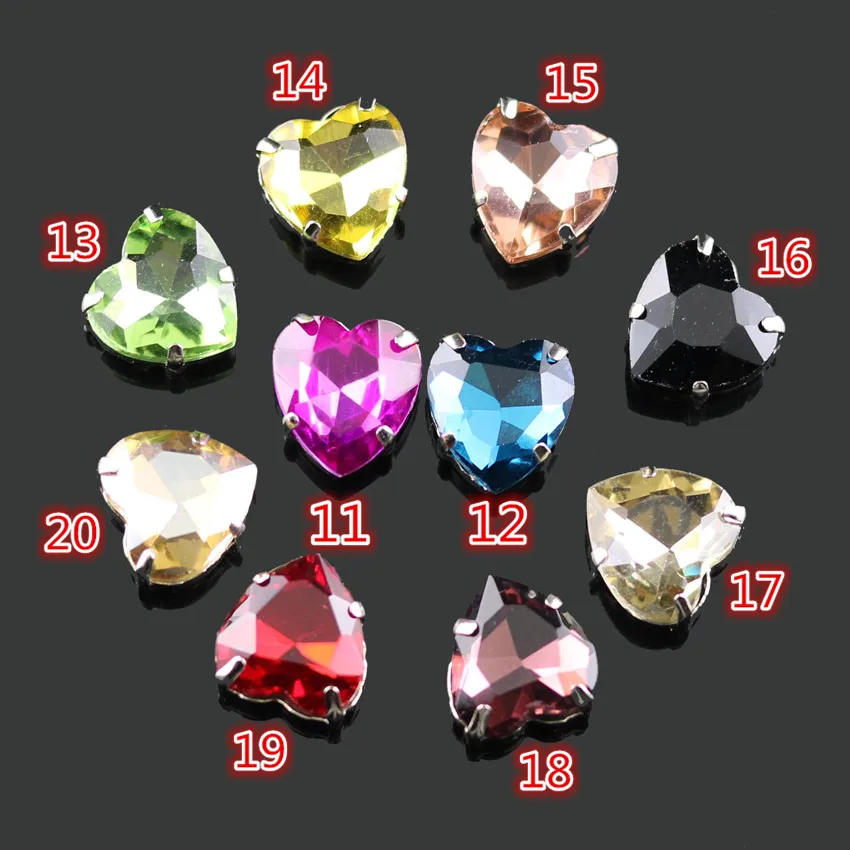 DIY,10mm,10pcs/bag ,10 color,Heart shape glass crystal rhinestone Hand sew on claw diamante Silver bottom sewing use dress #2