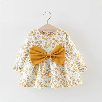 

Girls Dress 2019 New Autumn Baby Flower Print Cotton Bow Long Sleeve Dress