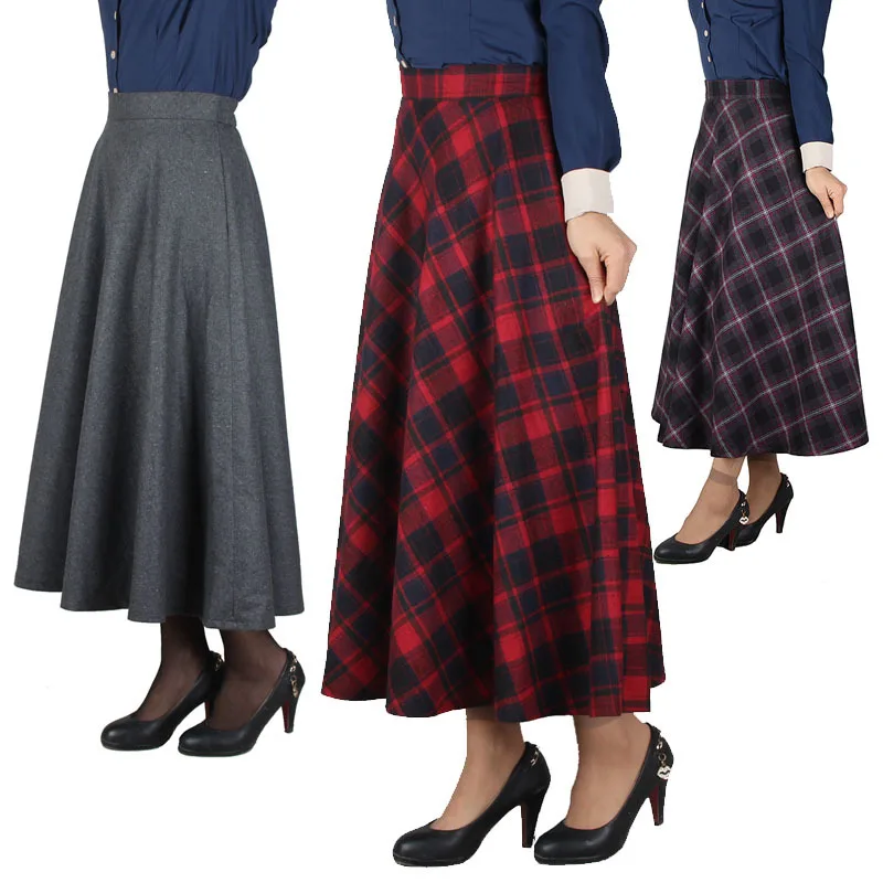 

2016 Autumn Winter Women High Waist Plaid Ankle Length Long Skirts Plus size red Pleat Woolen Skirt Streetwear 6 Colors