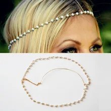 Богемные женские металлические 4 мм имитация жемчуга эластичность полосы цепочка на голову ювелирные изделия Лоб повязка на голову аксессуары для волос головное украшение