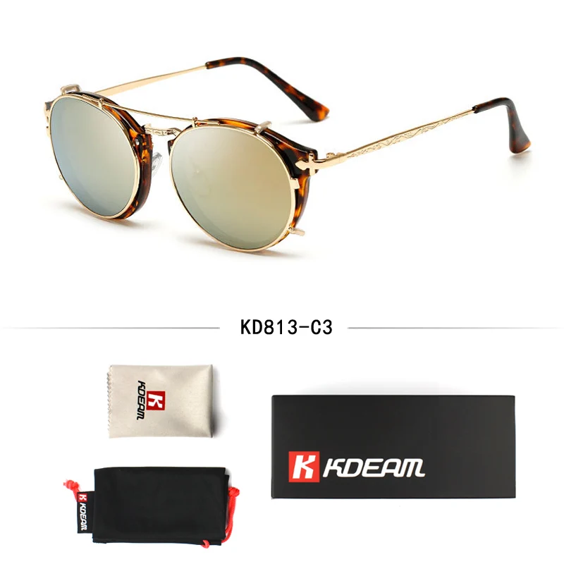 Kdeam Happy Clip On Солнцезащитные очки для мужчин, съемные круглые очки в стиле стимпанк, женские дизайнерские очки с фирменной коробкой - Цвет линз: C3