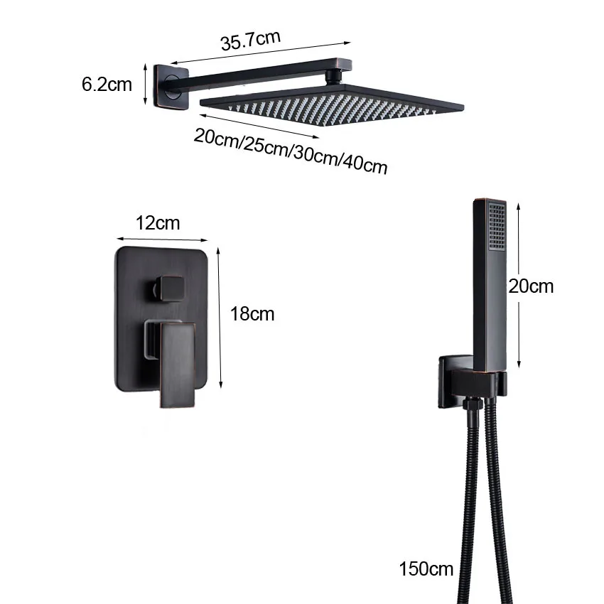 Concealed Black Bathroom Shower Faucet Brass 2-ways Mixer Valve Shower Mixers with Handshower 8/10/12/16" Rainfall Head