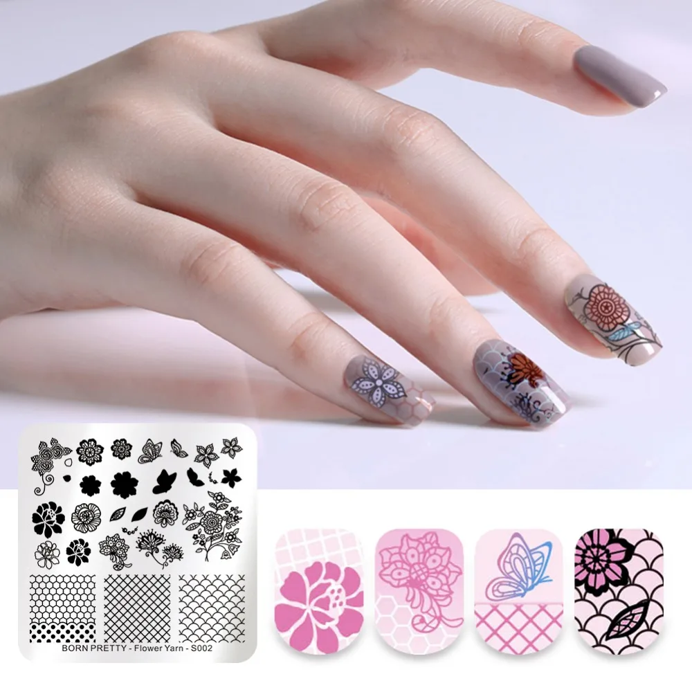 

BORN PRETTY Flower Butterfly Grid Nail Art Stamping Template Manicure DIY Square Stamp Plate Flower Yarn S002