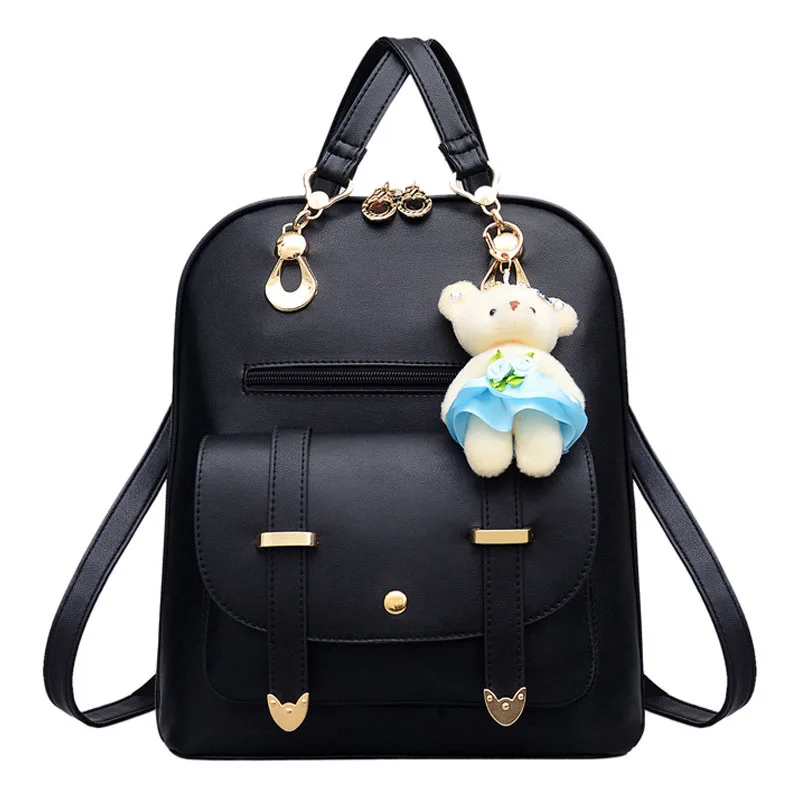 

Petrichor Korean style Backpack Female Cute Bear Pendant School Backpack for Girls Fashion Women PU Leather Shoulder Bag