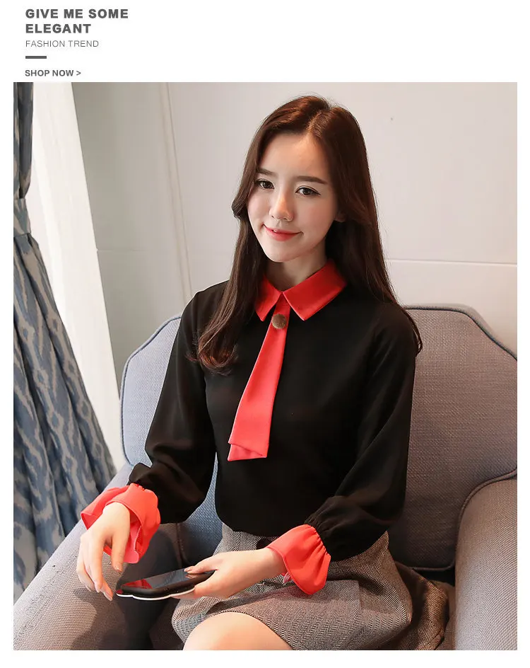 Women Blouses New 2019 Casual Autumn Shirt Elegant Bow Long Sleeve Tops Patchwork Chiffon Blusas Mujer OL Office Blouse (7)