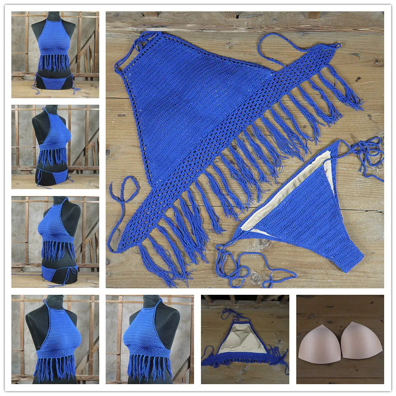 

2016 knitting Swimsuit Crochet Bikini Bohemia Style Off Shoulder High Neck Bathing Beach Bikinis