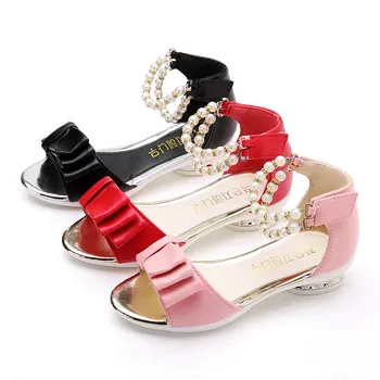 

Qgxsshi Children Sandals 2019 Summer Fish mouth Bow Pearl Girls Open Toe Sandals Student princess Small high heel Beads shoes