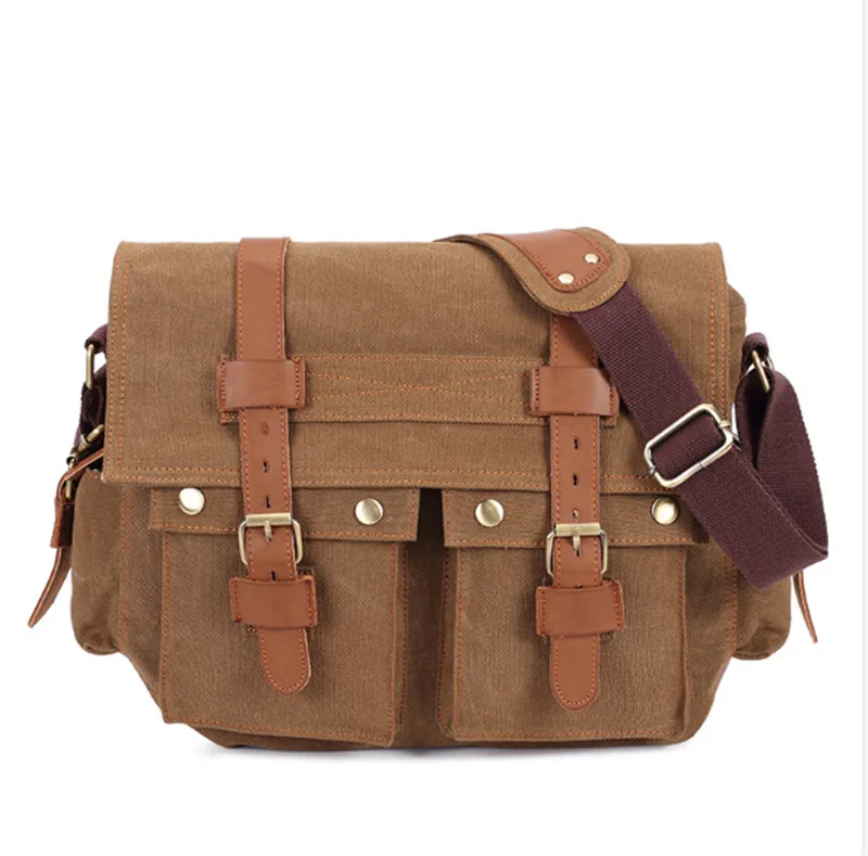 

FiveLoveTwo Men Spring Vintage Canvas Leather Military Shoulder Messenger Bag