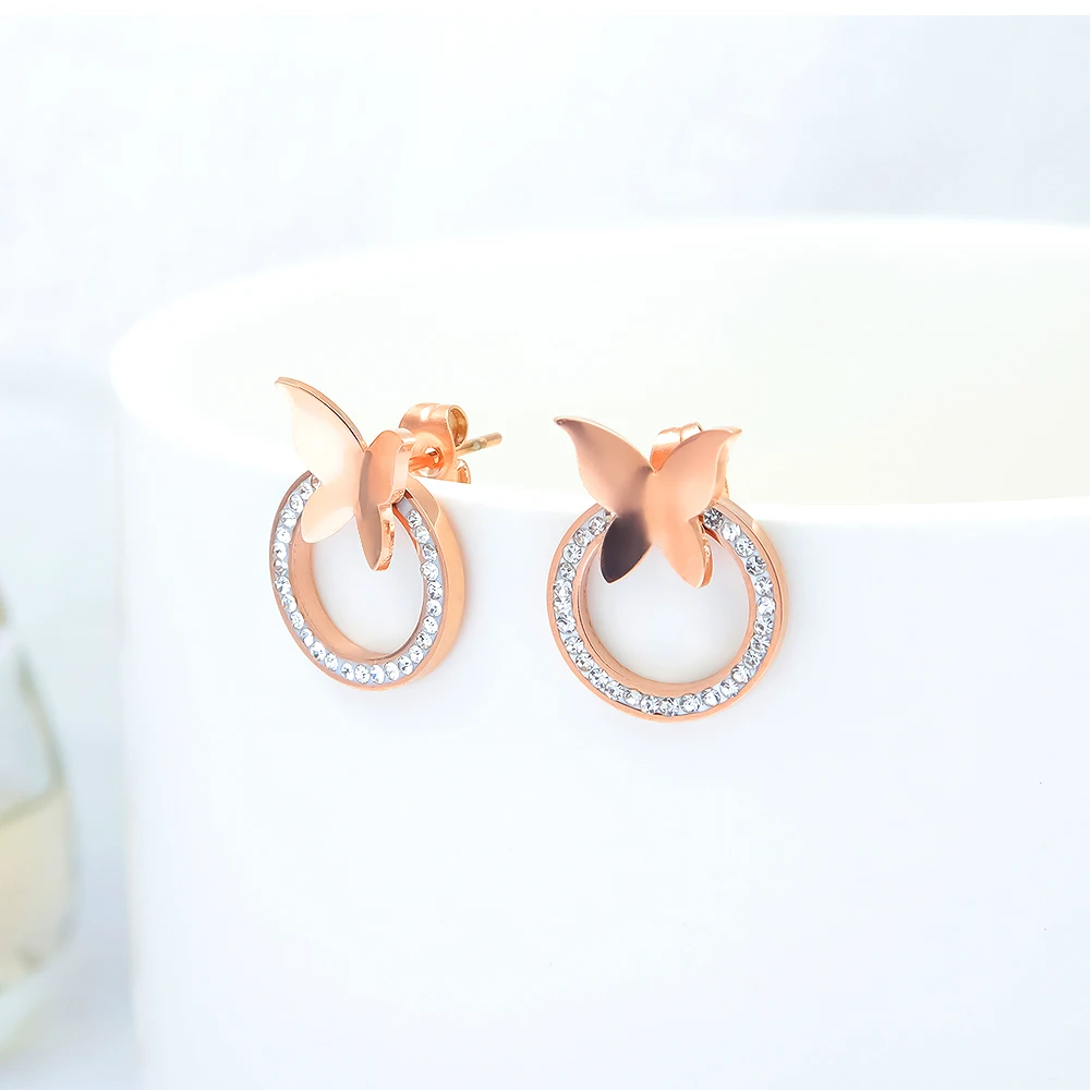 Lokaer Роскошные серьги-гвоздики из розового золота с кристаллами дизайн бабочки серьги из нержавеющей стали для женщин девушек подарочный набор украшений для ушей E17077