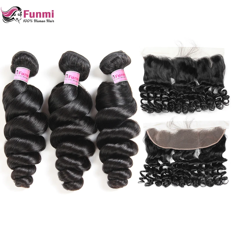 Funmi Loose Wave Bundles With Frontal Peruvian Hair 3 Closure 13X4 Inch Free Part 100% Virgin Human | Шиньоны и парики