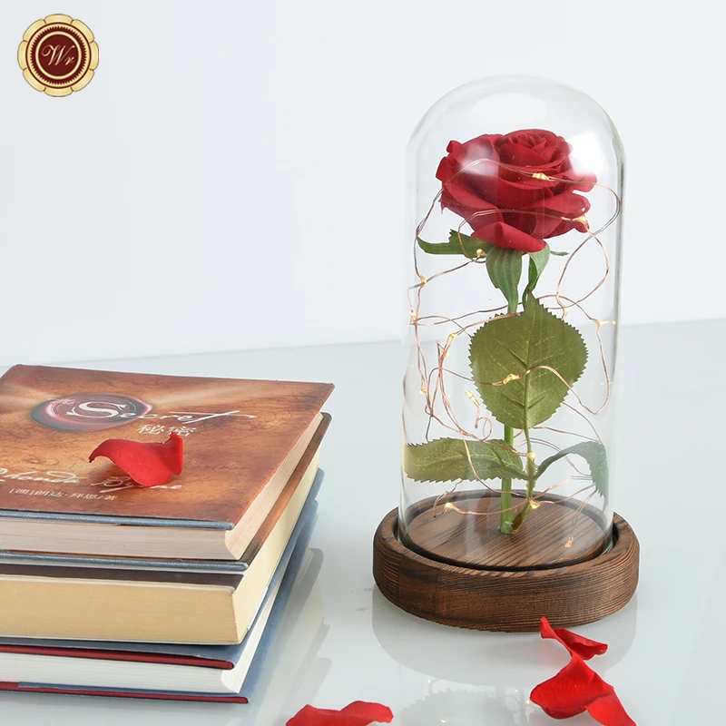 Домашний Творческий зверь, искусственная вечная красная роза в стеклянном куполе, светодиодный светильник, деревянная основа для подарка на День святого Валентина - Цвет: Dark Brown Base