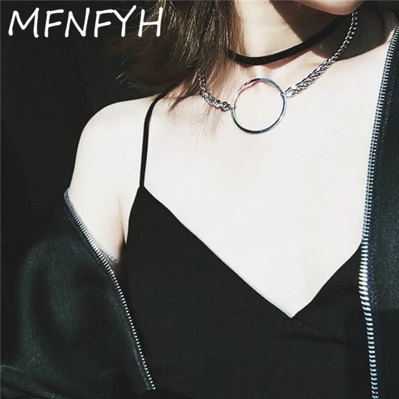 MFNFYH Gold Silver Circle Double Chains Choker Necklace Women Goth