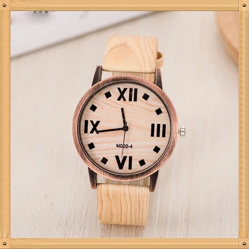 Classic Wood Pattern Roman Number Faux Leather Band Casual Quartz Wrist Watch 5