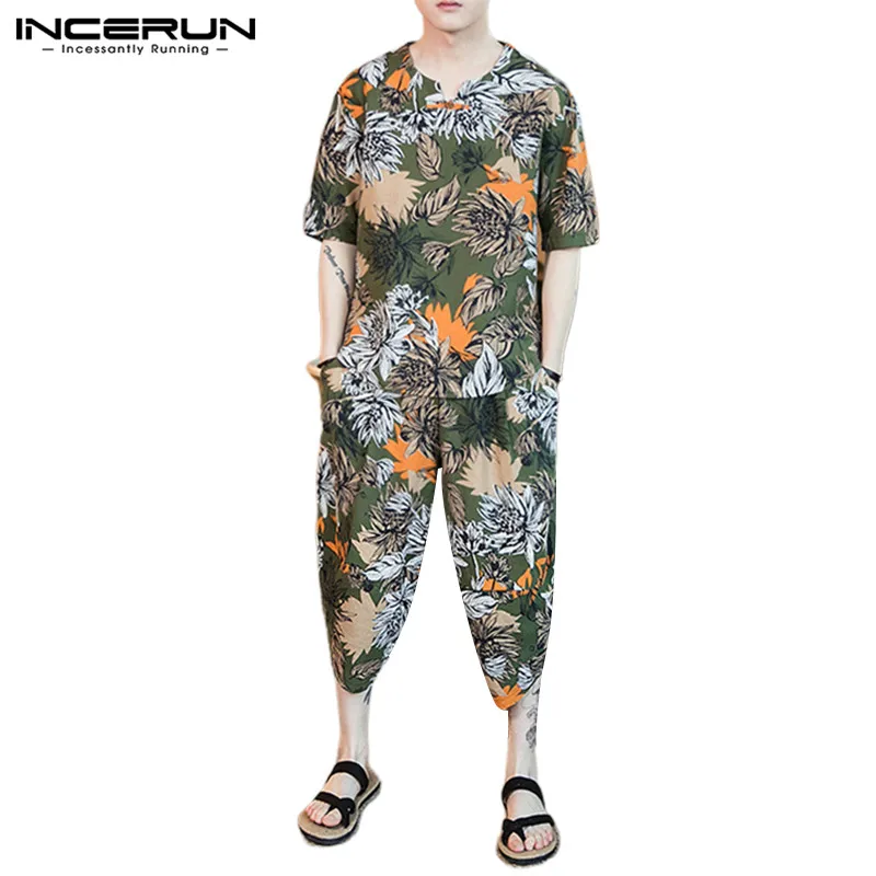 

INCERUN Short Sleeve Men's Half Sleeve Print Chinese Style Loose Trend Pocket Cropped Pants Casual Street Dress 2020 Summer Set