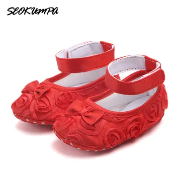 

2019 Toddler Newborn Baby Crib Shoes Bow Rose Princess Baby Soft Sole Anti-Slip Prewalker For Wedding Baby Girls First Walk