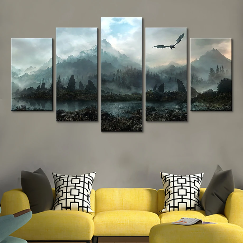 

Canvas Wall Art Pictures Home Decor 5 Pieces Game Of Thrones Dragon Skyrim Paintings For Living Room Modular Prints Poster Frame