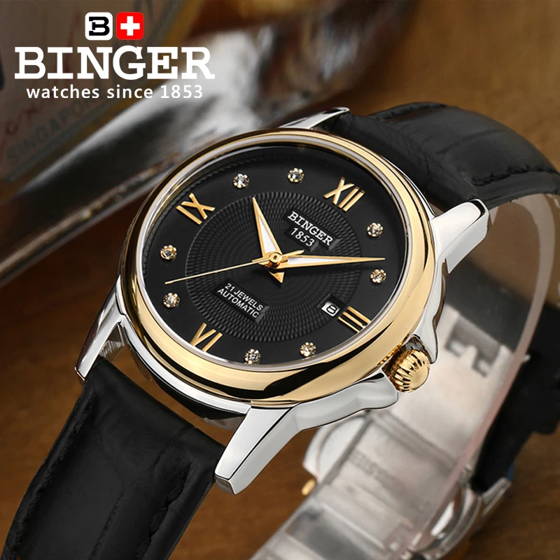 Hot Fashion Binger Original Top Brand Women Dress Luxury Automatic Mechanical Watch Self-Wind Leather relogio montre femme