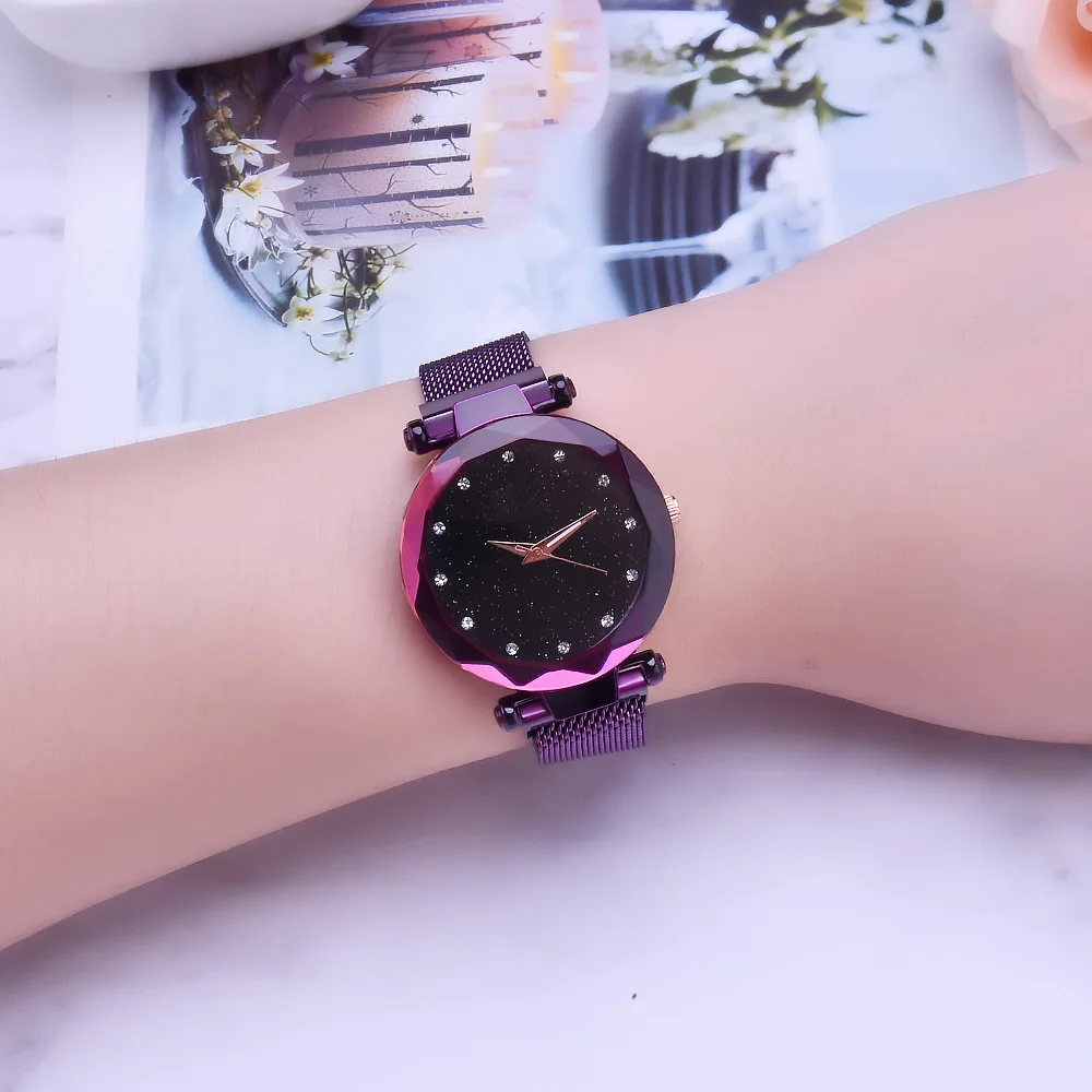 

Luxury Women Watches Rose Gold Mesh Ladies Clock Magnet Buckle Starry Crystal Geometric Surface Casual Dress Quartz Wristwatch