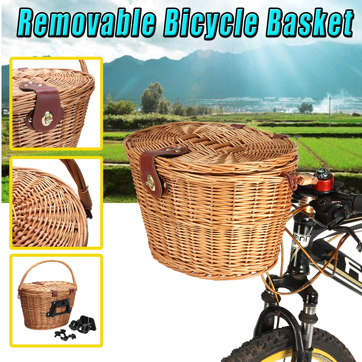 

Vintage Wicker Leather Straps Bicycle Front Basket Handcraft Linen with Lid Waterproof Handle Outdoor Picnic 13.78"x10.04"x9.06