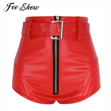 Женские сексуальные шорты из искусственной кожи, Клубная одежда на молнии спереди, женские шорты с высокой талией, облегающие шорты с ремнем