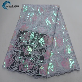 

Organza Embroidery Lace Fabric with Nigeria Sequins Lace 5 Yards/pcs African Lace Fabric high quality For Evening party dress