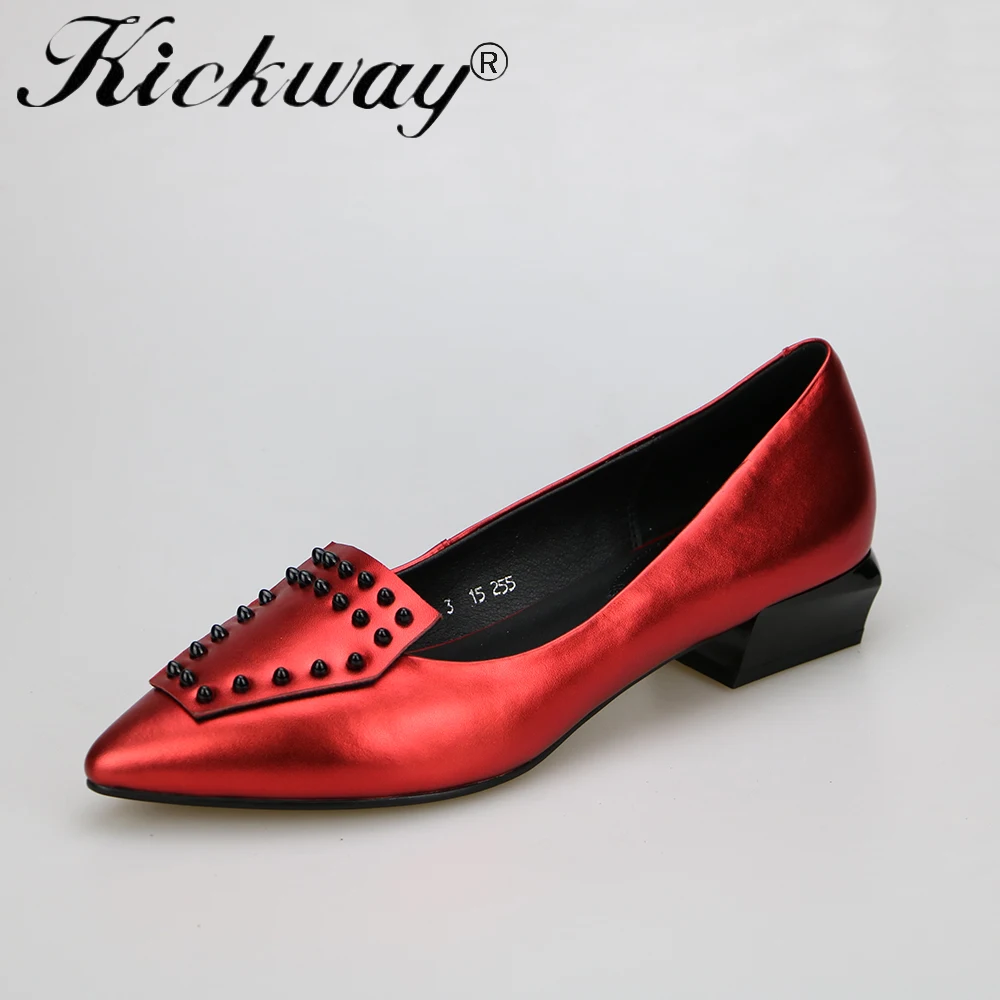 Kickway Women rivets casual shoes Genuine leather shoes women plus size 34-43 square heel black shoes for women vintage fashion