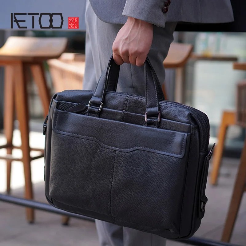 AETOO Men's handbags, business leather bags, cross-shoulder slanted bags, large-capacity leather computer bags