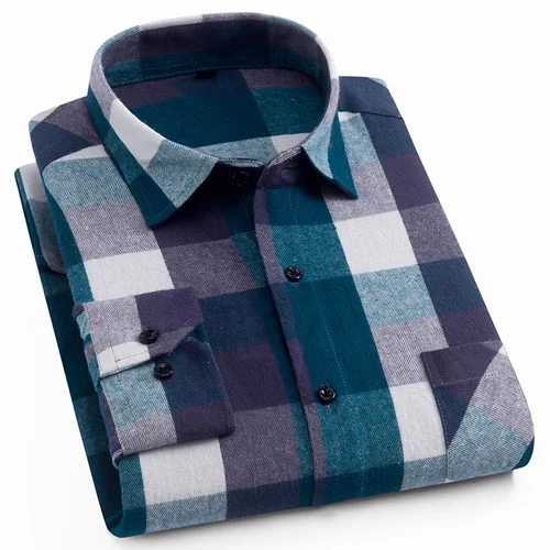 Мужские модные фланелевые хлопковые рубашки с одним накладным карманом, цветные клетчатые облегающие повседневные топы с длинным рукавом, рубашки - Цвет: DTF39