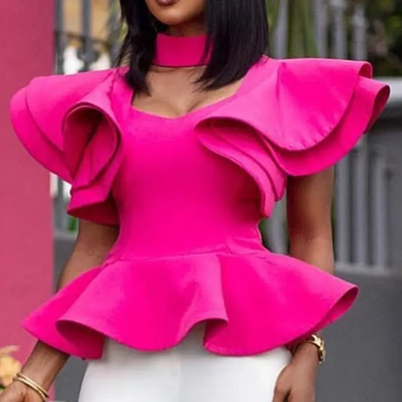 

African Women Tops T-shirt 2019 Summer Plain Falbala Short Sleeve Tops Shirts Office Lady Rose Elegant Female Petal Shirts