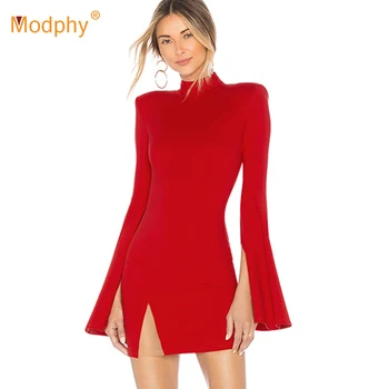 

new winter long-sleeved women's bandage dress sexy Flare sleeves red black mini dress Vestidos elegant celebrity party dress