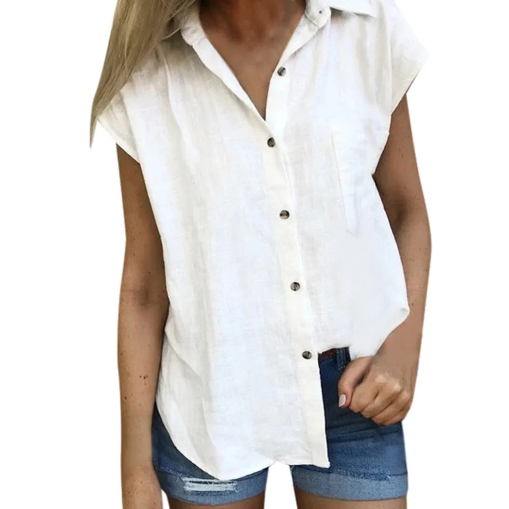 

SAGACE 2019 Women's Blouse Fashion Casual Solid Short Sleeve Button Cotton Blouses O Neck Ladies Blouses Top Cotton linen Shirt